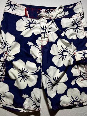 Kirra Board Shorts Mens 32 Navy Floral Hawaiian Swim Trunks Surf 10” Inseam